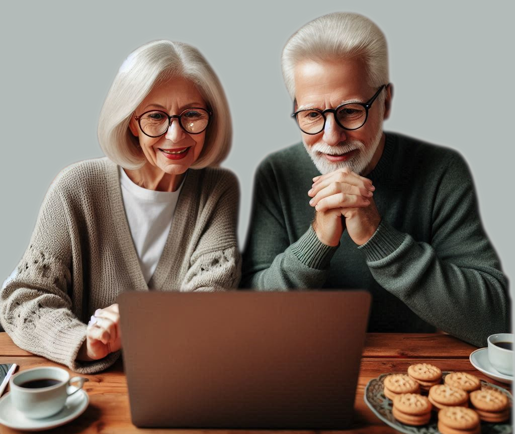 Pareja de adultos mayores utilizando una computadora
